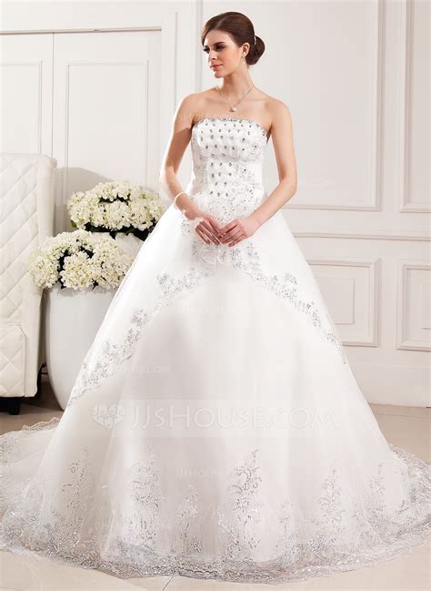 Ball Gown Strapless Cathedral Train Tulle Wedding Dress With Lace