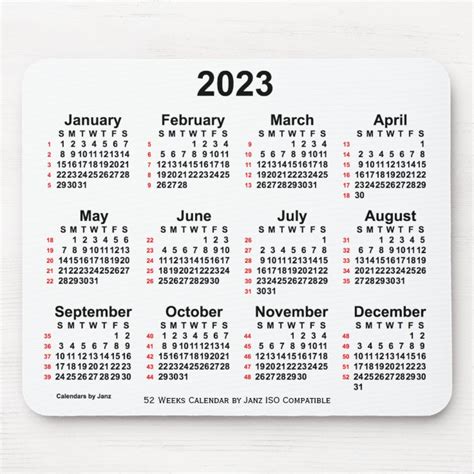 2023 White 52 Weeks Iso Calendar By Janz Mousepad Zazzlede