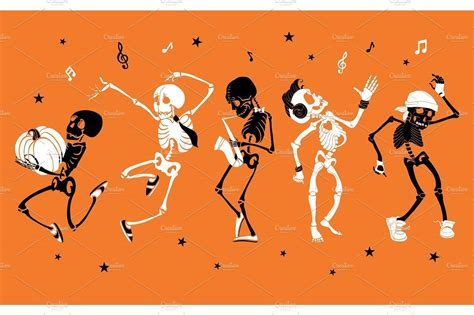 Vector Orange Dancing And Musical Skeletons Haloween Set Collection