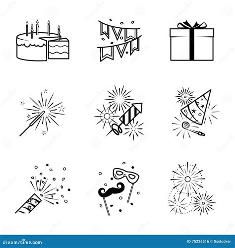 Birthday Party Celebration Fireworks Icons Set Stock Vector