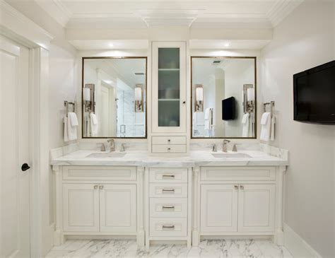 If you're not a neat and tidy person, open storage is probably not the way to go. Double Vanity With Center Console Design Ideas