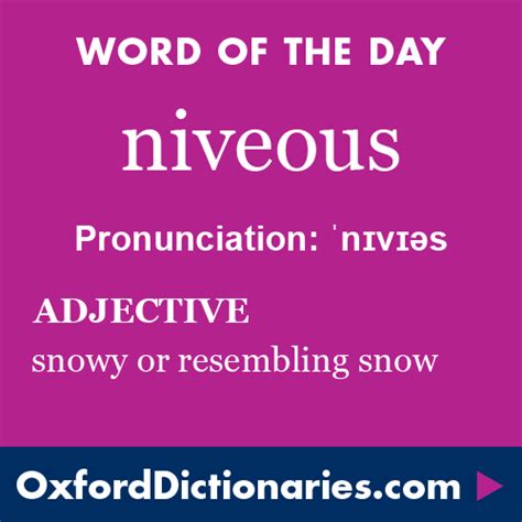 | meaning, pronunciation, translations and examples. niveous (adjective): Snowy or resembling snow. Word of the ...