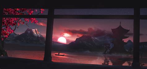 Digital Art Drawing Sunset Sun Mountains Boat Lake Cherry