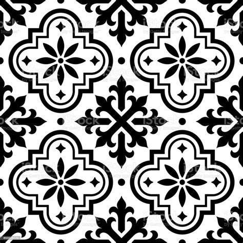 Spanish Tile Pattern Moroccan Tiles Design Seamless Black And White Background Azulejo Stock