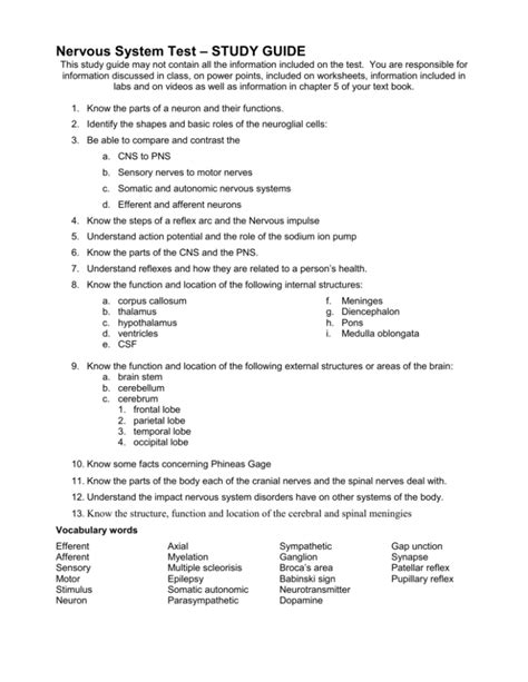 Nervous System Test Study Guide You May Use 1 Handwritten