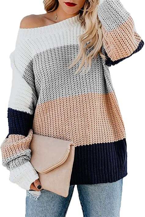 hzsonne women s casual color block chunky stripe cable knitted crew neck loose pullover sweaters