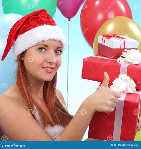 Smiling Woman In Santa Helper Hat With T Boxes Stock Image Image