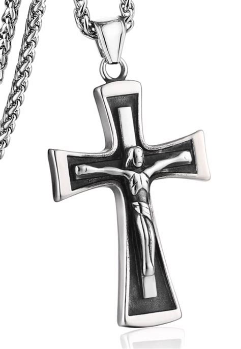 Gothic Cross Crucifix Necklace Waterproof Silver Black Men Solid Cast