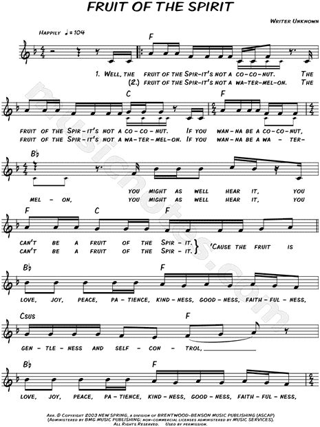 Download and print the fruit of the spirit sheet music for big note piano by frank hernandez from sheet music direct. Wonder Kids Choir "Fruit of the Spirit" Sheet Music ...