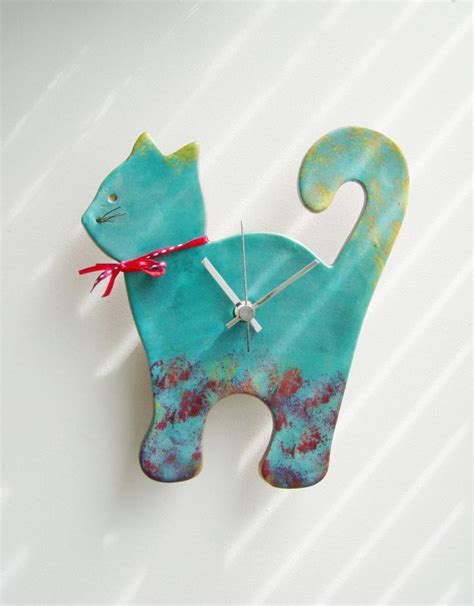 Blue Cat Wall Clock Ceramic Wall Clock Of Turquoise Blue And Red Cat