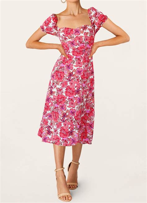 Red Loma Linda Red Floral Print Puff Sleeve Midi Dress Dresses Azazie