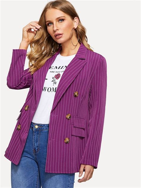 Double Breasted Notch Neck Striped Blazer Sheinsheinside Striped