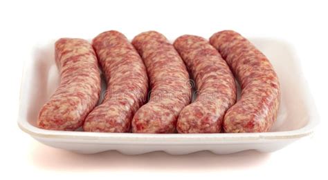 Five Fresh Raw Pork Bratwurst Isolated On A White Background Stock