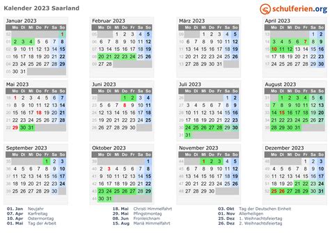 Kalender 2023 Ferien Saarland Feiertage