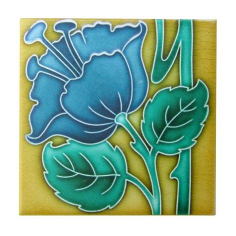 Art Nouveau Blue Poppy Ceramic Tile Fleurs Art Nouveau