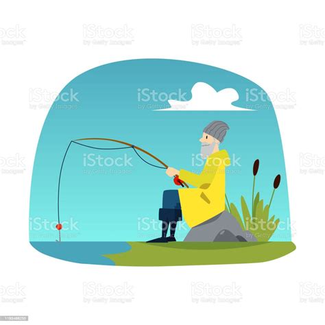 Old Man Sitting On Shore With Fishing Rod Cartoon Fisherman Waiting For