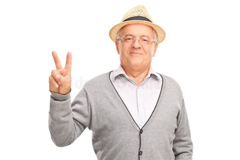 Senior Man Gesturing Peace Sign With His Hand Stock Photo Image Of