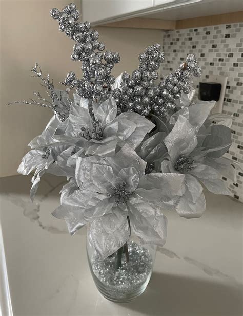 Silver Christmas Holiday Centerpiece With Crushed Glass Vase Etsy Uk