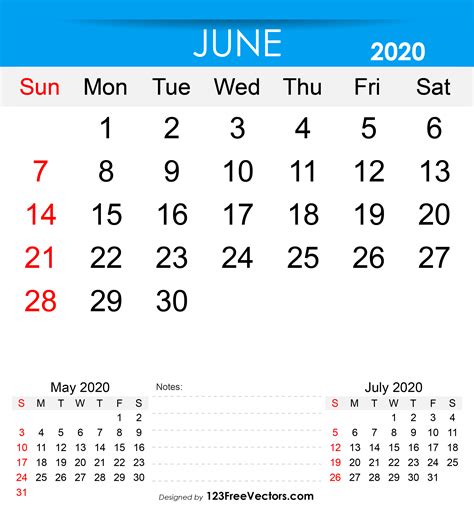 Free Free Printable June 2020 Calendar