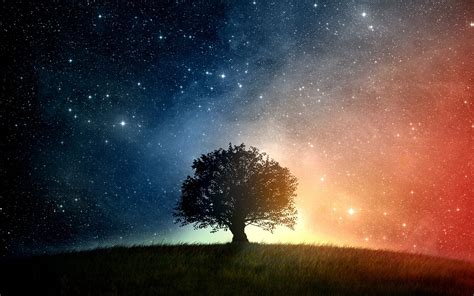 Wallpaper Trees Landscape Digital Art Night Galaxy Sky Stars