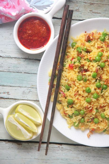 Spicy Chilly Burmese Yellow Fried Rice With Shallots And Peas