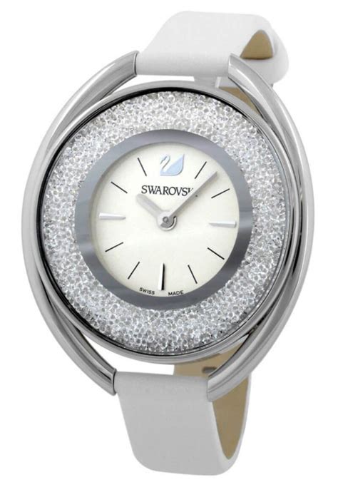 Swarovski Crystalline 37x43mm Qtz Oval White Silver Lthr Watch 5158548