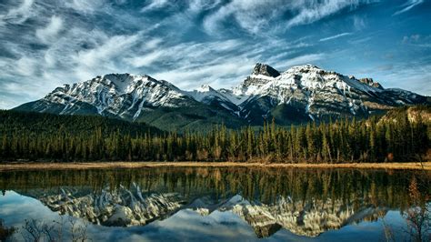 Картинка Reflection Canada Clouds Alberta Forest Lake Mountains