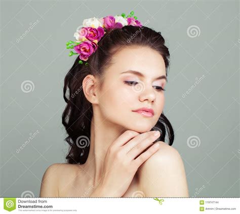 Happy Prom Girl With Perfect Hairstyle And Makeup Stock