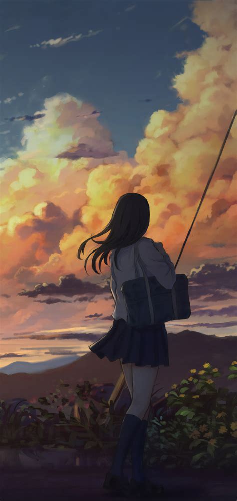 1080x2280 Anime Girl Outside Power Lines Clouds 4k One Plus 6huawei