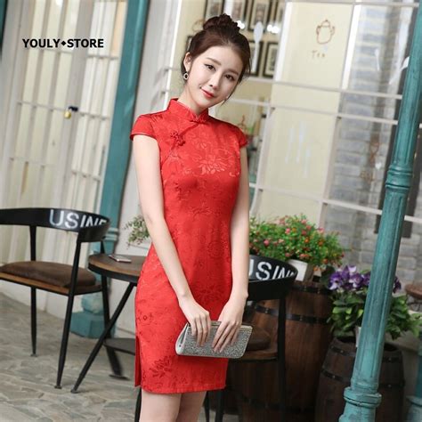 2017 Summer Red Chinese Dress Sexy Floral Wedding Cheongsam Short Mini