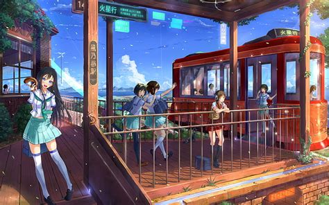 Hd Wallpaper Anime Anime Girls Train Station Schoolgirl Women