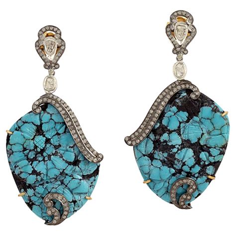 Pear Shaped Turquoise Dangle Earrings With Pave Diamonds In K Gold