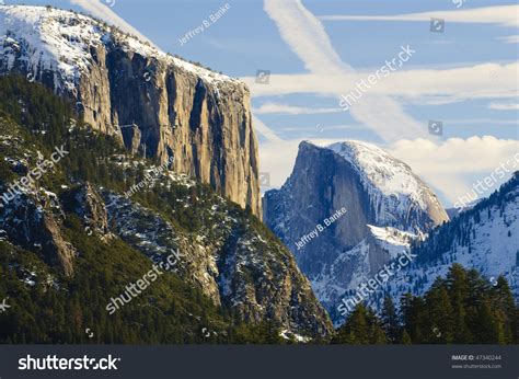 Sunset On Half Dome And El Capitan In Yosemite Valley Stock Photo