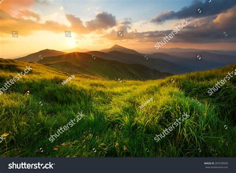 Grass On Mountain Hill During Sundown Beautiful Summer Landscape Ad Spon Hill Mountain