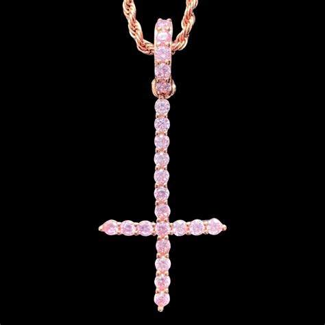 Pink Cross Necklace Iced Out Pink Cubic Zirconia And Rose Gold Plated