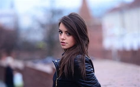 model anita sikorska women brunette long hair leather jackets bokeh hd wallpaper