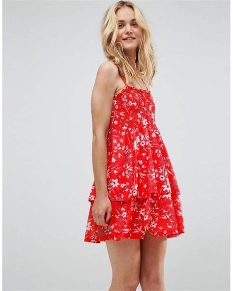 Lyst Asos Shirred Mini Sundress With Tiered Skirt In Red Ditsy Print