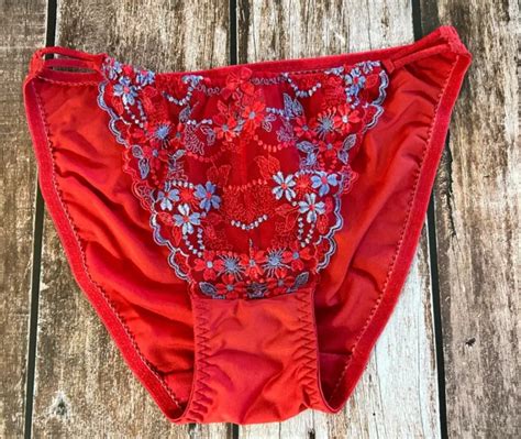 Vtg Rene Rofe Double String Bikini Panties Size 6 Medium Floral Red