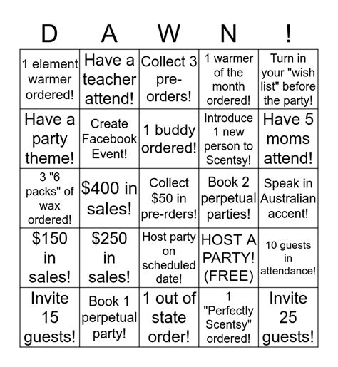 Dawn S Scentsy Hostess Challenge Bingo Card