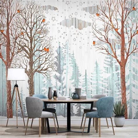 Custom Wallpaper Mural Nordic Forest And Birds ㎡ Wall Murals