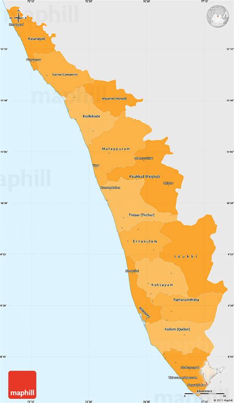 We call this map satellite, however more correct term would be the aerial, as the maps are primarily based on aerial photography taken by plain airplanes. Political Shades Simple Map of Kerala, single color outside