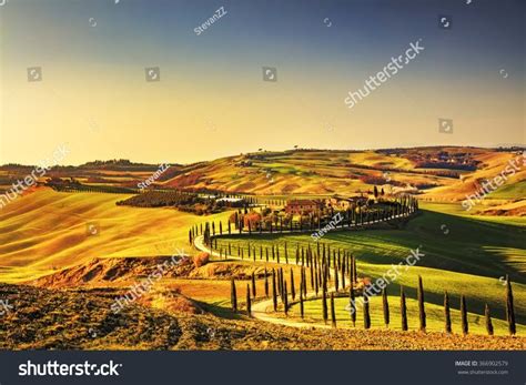 Tuscany Crete Senesi Rural Sunset Landscape Countryside Farm