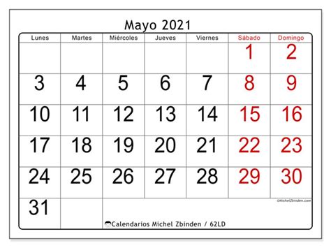 Calendarios Mayo 2021 “lunes Domingo” Michel Zbinden Es