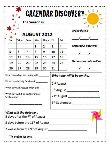 Calendar Worksheets Free Printable