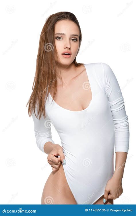 Beautiful Woman With Perfect Body In White Bodysuit Stock Photo Image