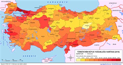 Türkiye Nüfus Yoğunluğu Haritası İllerin Arimetrik Olarak Nüfusları Km2 Başına Düşen Kişi