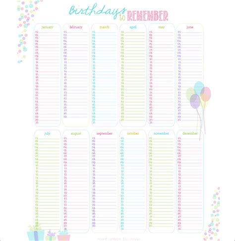 birthday calendar template template business