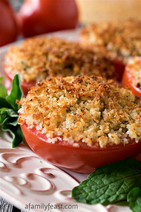 Place sliced tomatoes in a shallow baking dish, season with salt & pepper. Baked Stuffed Parmesan Tomatoes - A Family Feast®