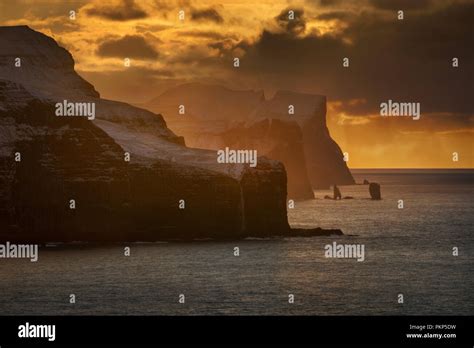 Streymoy And Eysturoy Cliffs In Sunset Light Faroe Islands Stock Photo