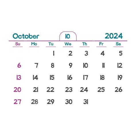 Calendario Mensual De Octubre De 2024 Con Transparente Vector Png